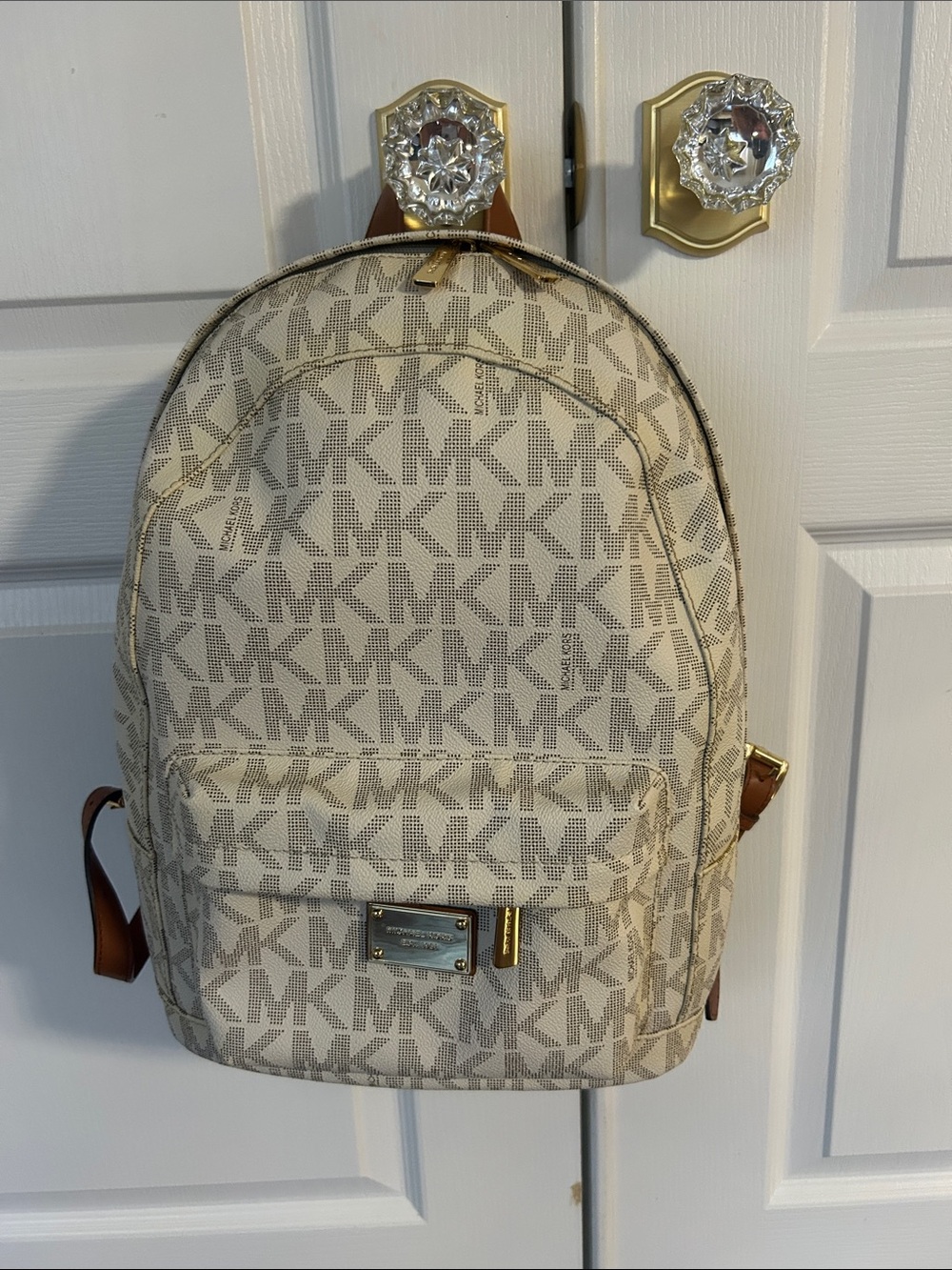 Michael Kors Beige Cream MK Logo Backpack with Brown Trim